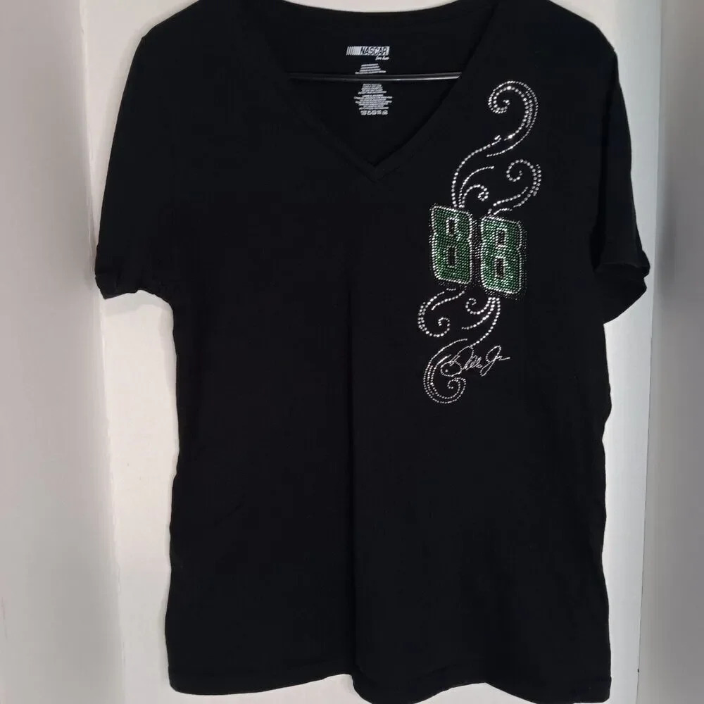 NASCAR Woman's Shirt V Neck Tagless Dale Jr. #88 Black W/Rhinestones XL